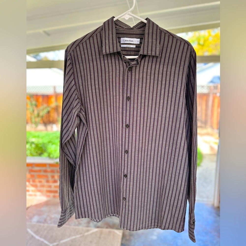 Calvin Klein Mens Gray Striped Button Down Dress Shirt Long Sleeve Size M